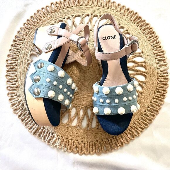 NWOT Clone Pink Pearl Detail Blue Denim Wooden Clog Sandals Size EU 37 - Picture 3 of 12